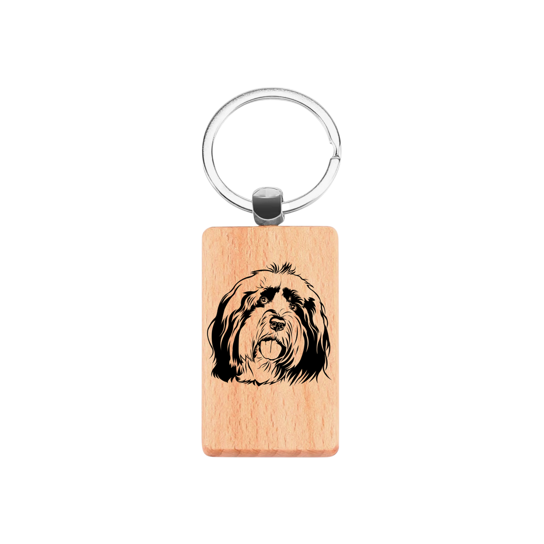 Tibetan Terrier Face Engraved Rectangle Wooden Keyring