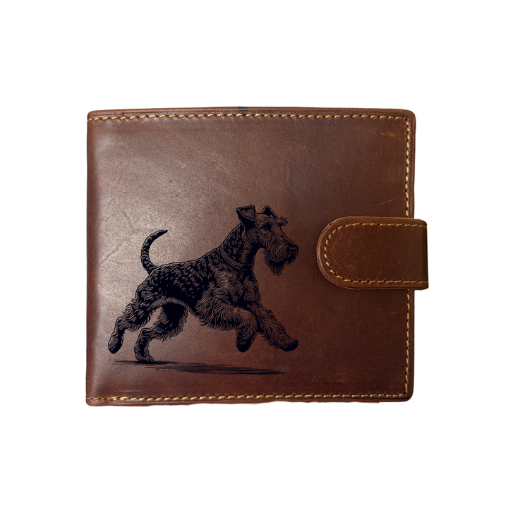 Personalised Irish Terrier Running Engraved Dark Tan Genuine Leather Wallet