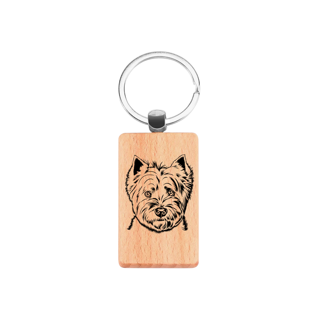 West Highland White Terrier Westie Face Engraved Rectangle Wooden Keyring