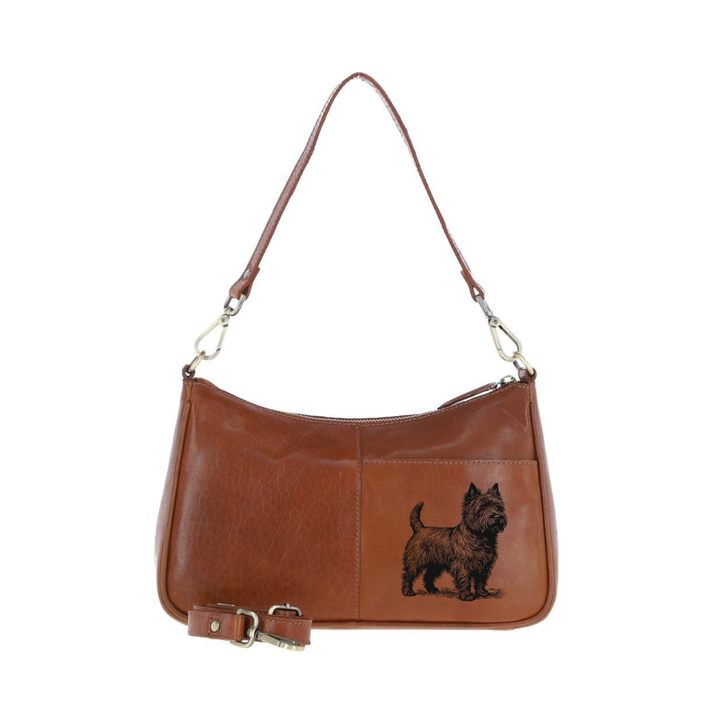 Cairn Terrier Standing Engraved Genuine Leather Shoulder Bag