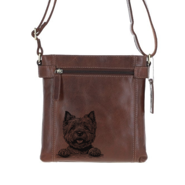 Cairn Terrier Paws Engraved Leather Two Section Zip Top Crossbody Bag