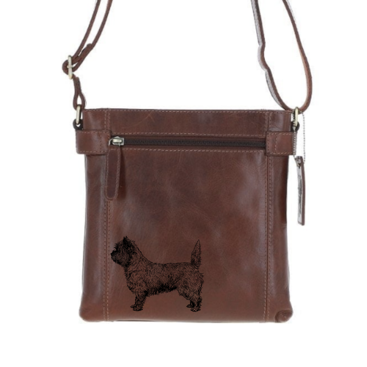 Cairn Terrier Stacked Standing Engraved Leather Two Section Zip Top Crossbody Bag