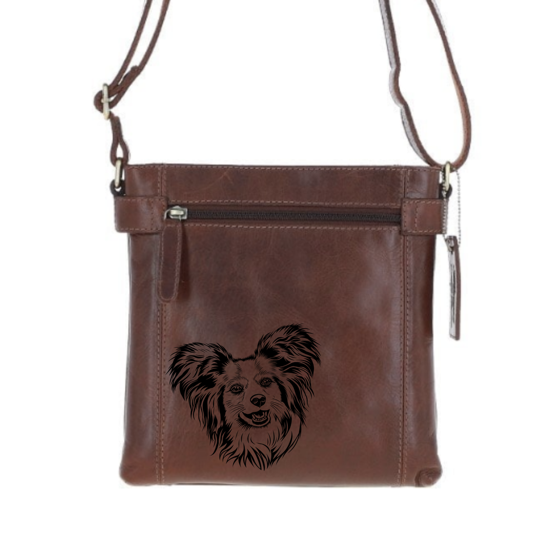 Papillon Face Engraved Leather Two Section Zip Top Crossbody Bag