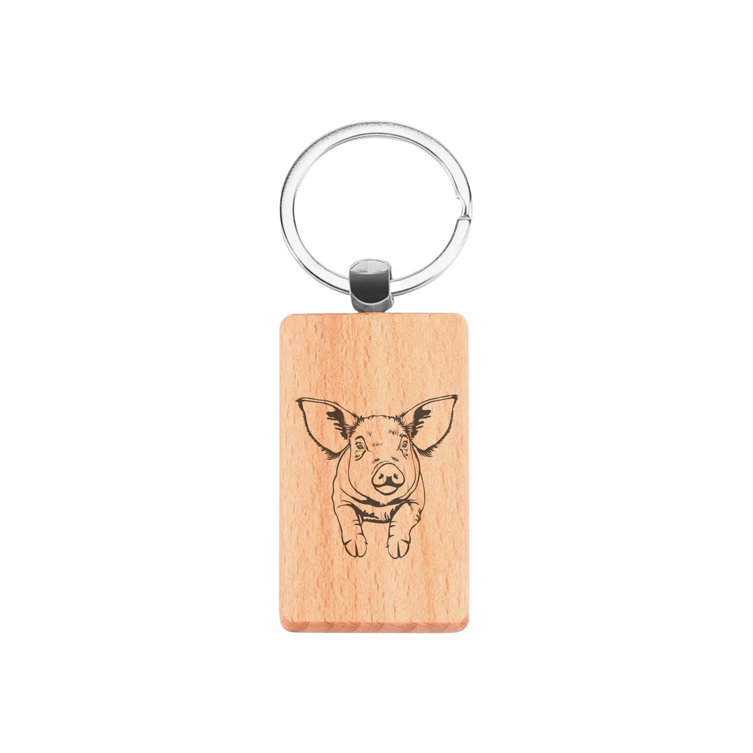 Pig Engraved Rectangle Wooden Keyring