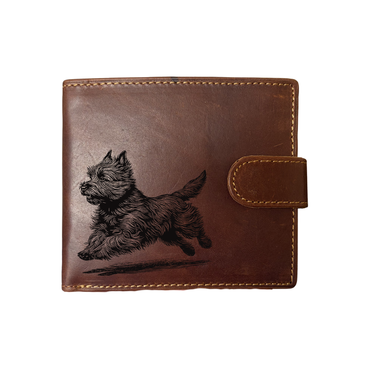 Personalised Cairn Terrier Running Engraved Dark Tan Genuine Leather Wallet