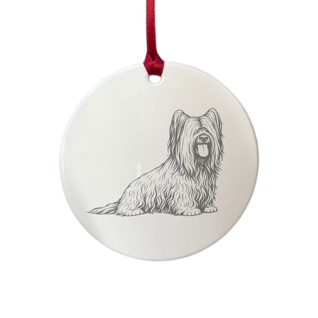 Personalised Skye Terrier Sitting Engraved White Acrylic Decoration