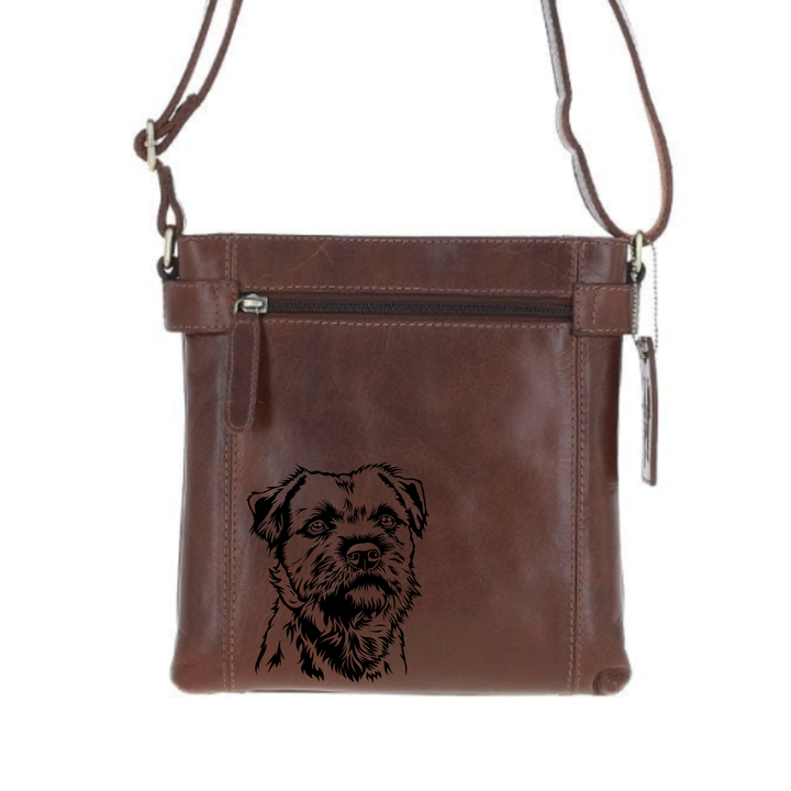 Border Terrier Face Engraved Leather Two Section Zip Top Crossbody Bag