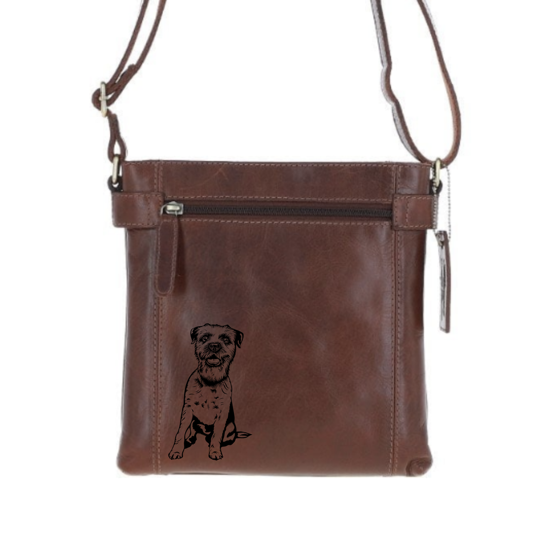 Border Terrier Sitting Engraved Leather Two Section Zip Top Crossbody Bag