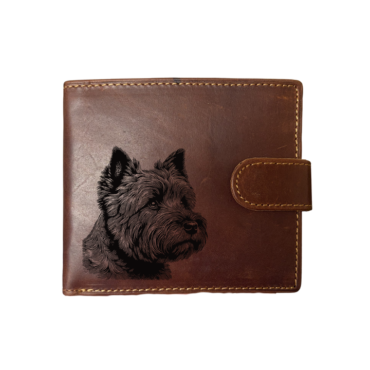 Personalised Cairn Terrier Face Engraved Dark Tan Genuine Leather Wallet