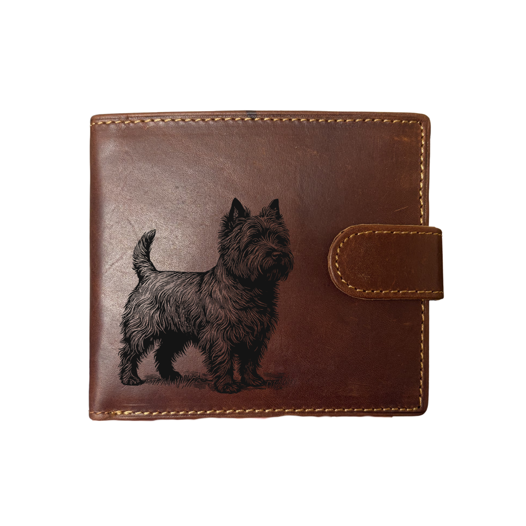 Personalised Cairn Terrier Standing Engraved Dark Tan Genuine Leather Wallet