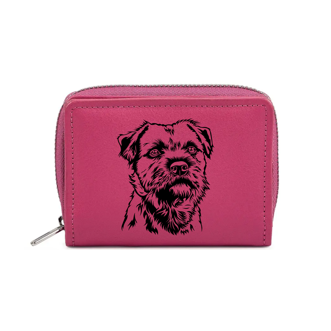 Border Terrier Face Engraved Small Leather Purse (Green/Pink/Blue/Red)