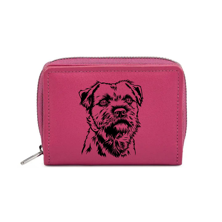 Border Terrier Face Engraved Small Leather Purse (Green/Pink/Blue/Red)