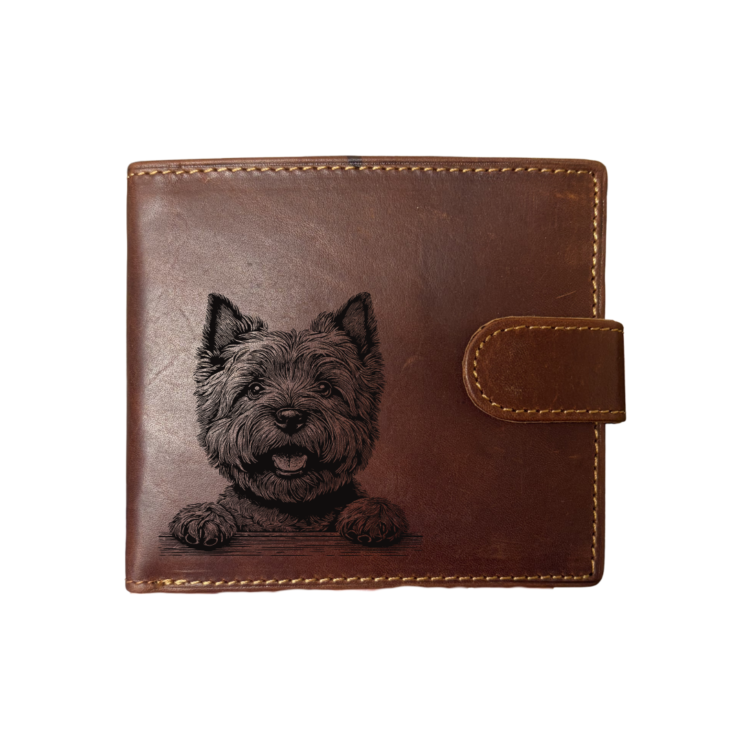 Personalised Cairn Terrier Paws Engraved Dark Tan Genuine Leather Wallet