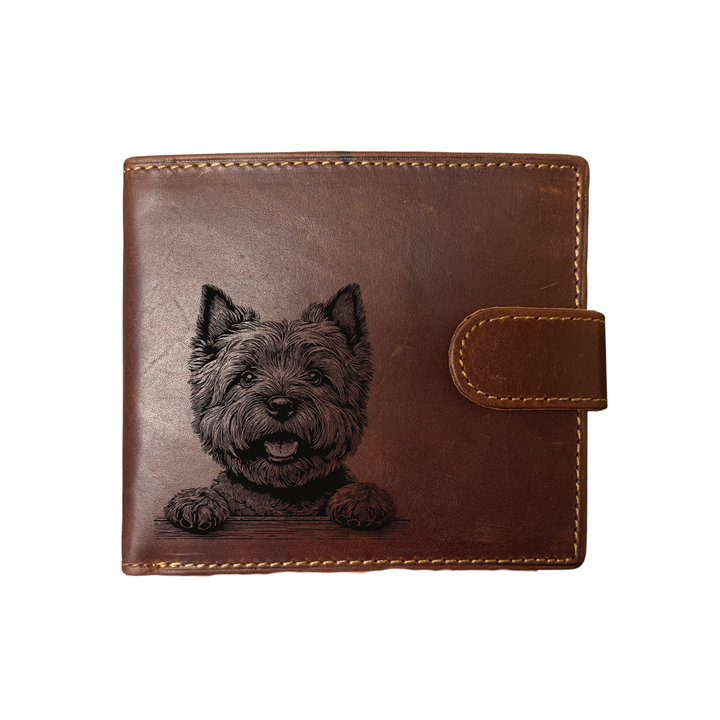 Personalised Cairn Terrier Paws Engraved Dark Tan Genuine Leather Wallet