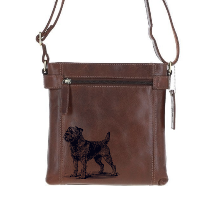 Border Terrier Standing Engraved Leather Two Section Zip Top Crossbody Bag