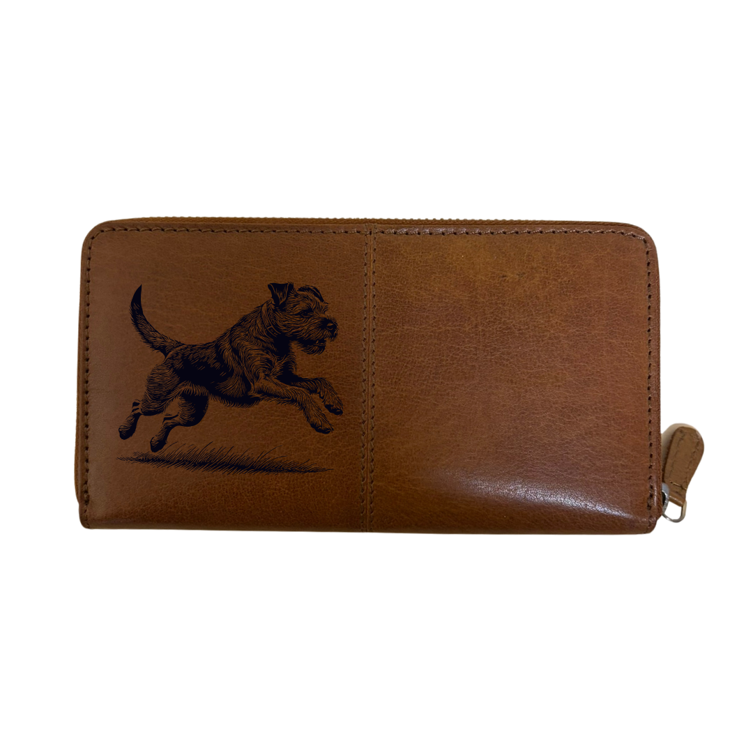 Border Terrier Running Engraved Large Leather Purse