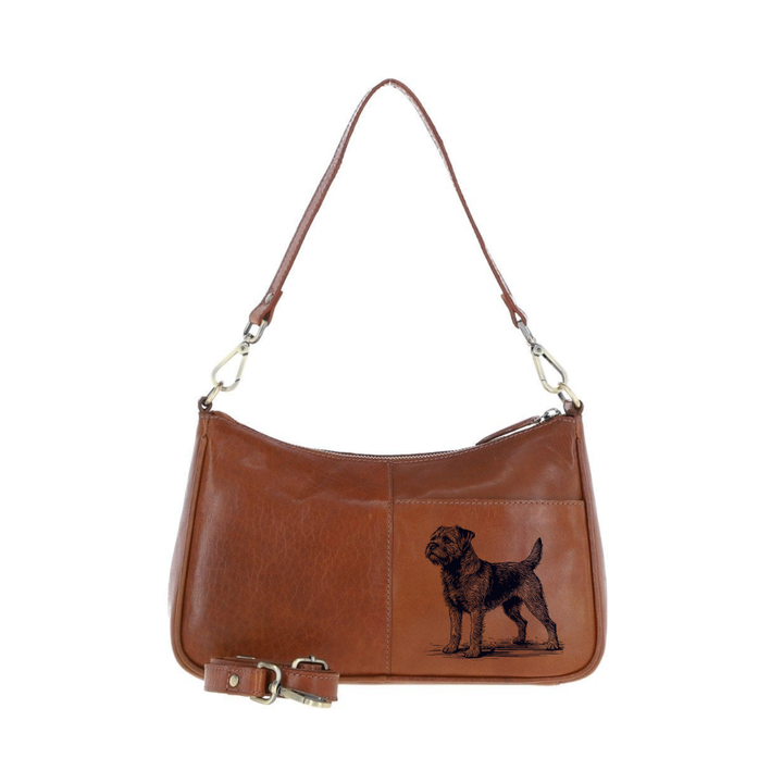 Border Terrier Standing Engraved Genuine Leather Shoulder Bag