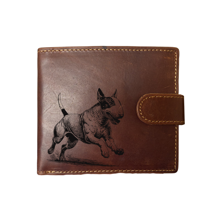 Personalised English Bull Terrier Running Engraved Dark Tan Genuine Leather Wallet