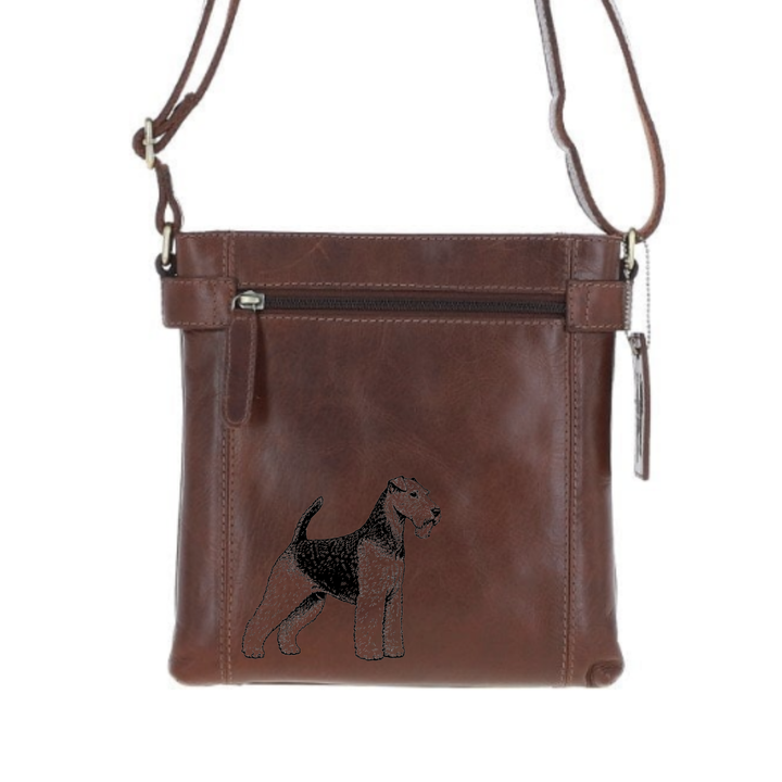 Welsh Terrier Engraved Leather Two Section Zip Top Crossbody Bag