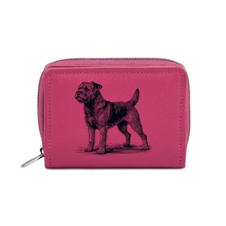Border Terrier Standing Engraved Small Leather Purse (Green/Pink/Blue/Red)