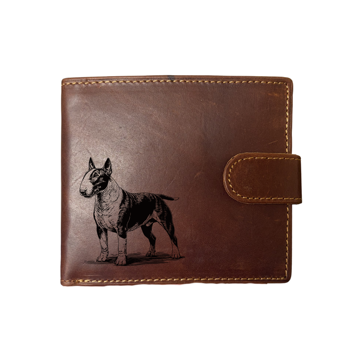 Personalised English Bull Terrier Standing Engraved Dark Tan Genuine Leather Wallet