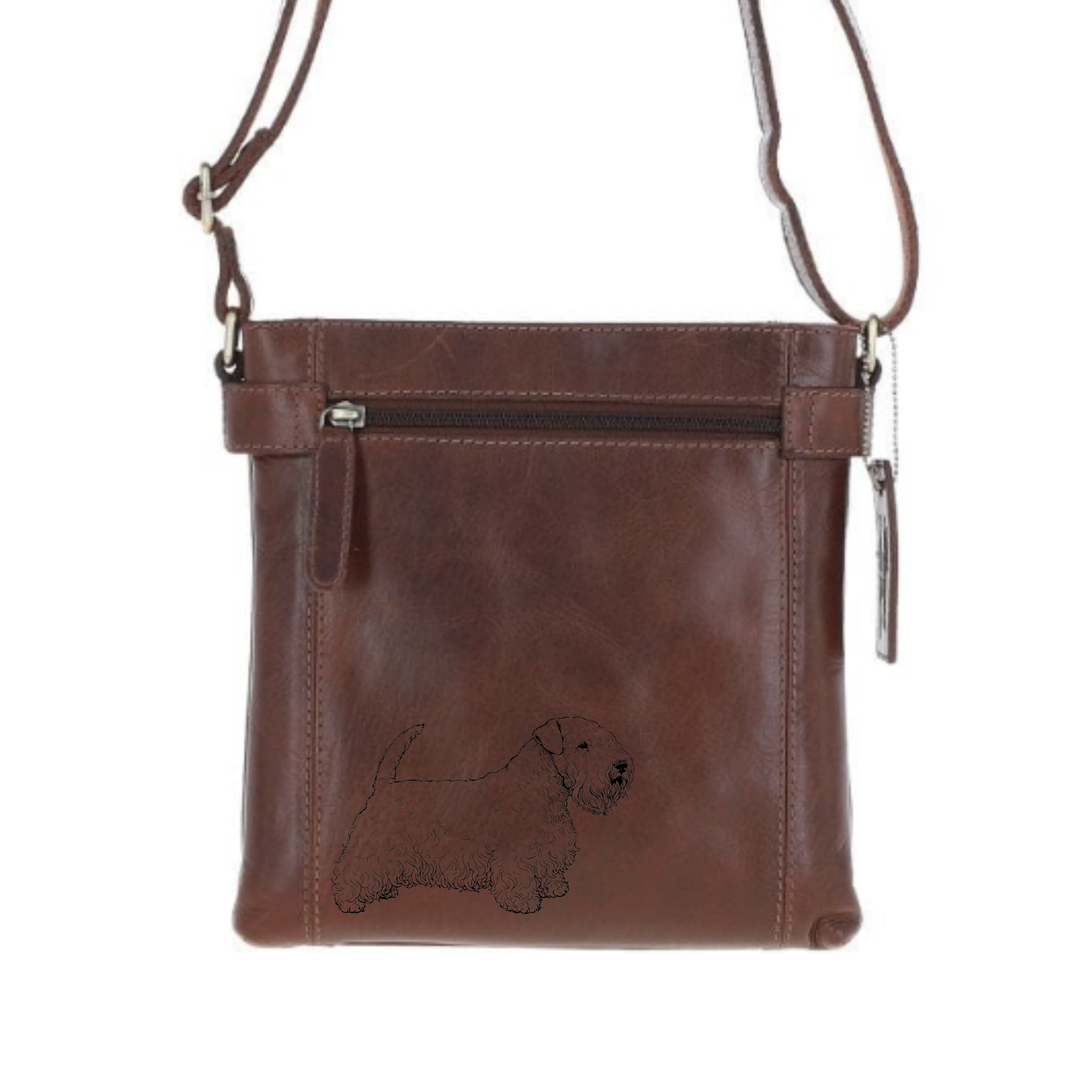 Sealyham Terrier Engraved Leather Two Section Zip Top Crossbody Bag