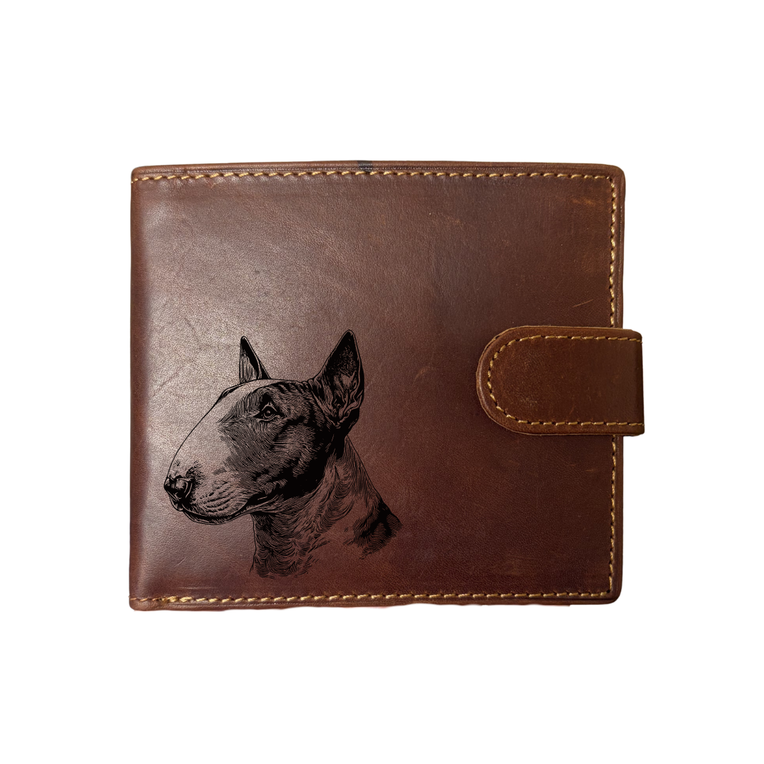 Personalised English Bull Terrier SP Face Engraved Dark Tan Genuine Leather Wallet