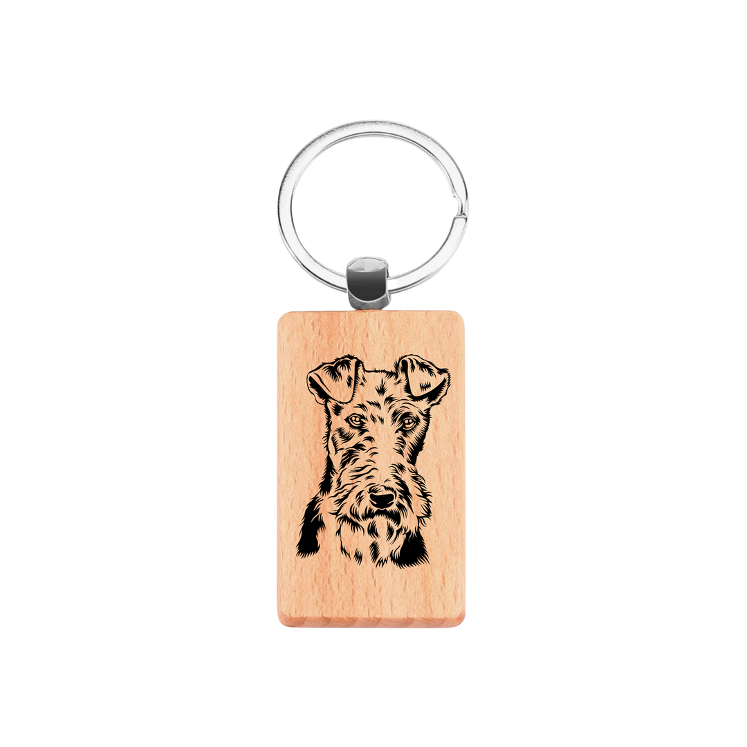 Wire Fox Terrier Face Engraved Rectangle Wooden Keyring