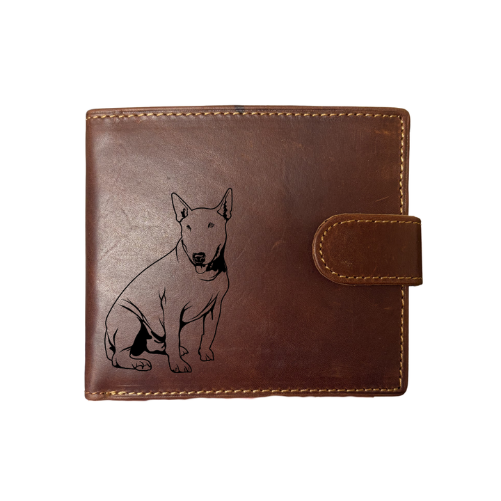 Personalised English Bull Terrier Sitting Engraved Dark Tan Genuine Leather Wallet