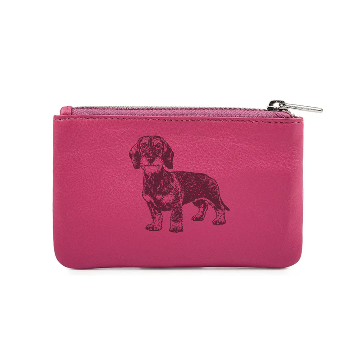 Wirehair Dachshund Standing Engraved Genuine Leather Coin Purse (Multiple Colour Options)