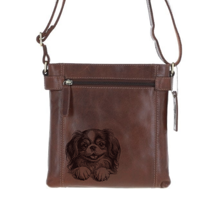 Japanese Chin Paws Engraved Leather Two Section Zip Top Crossbody Bag