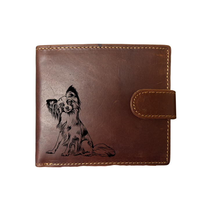 Personalised Papillon Engraved Dark Tan Genuine Leather Wallet