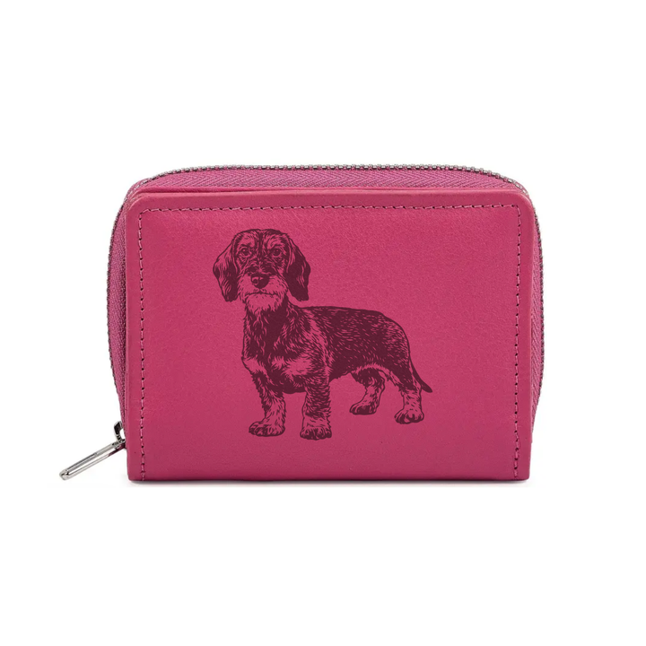 Wirehair Dachshund Standing Engraved Small Leather Purse (Green/Pink/Blue/Red)