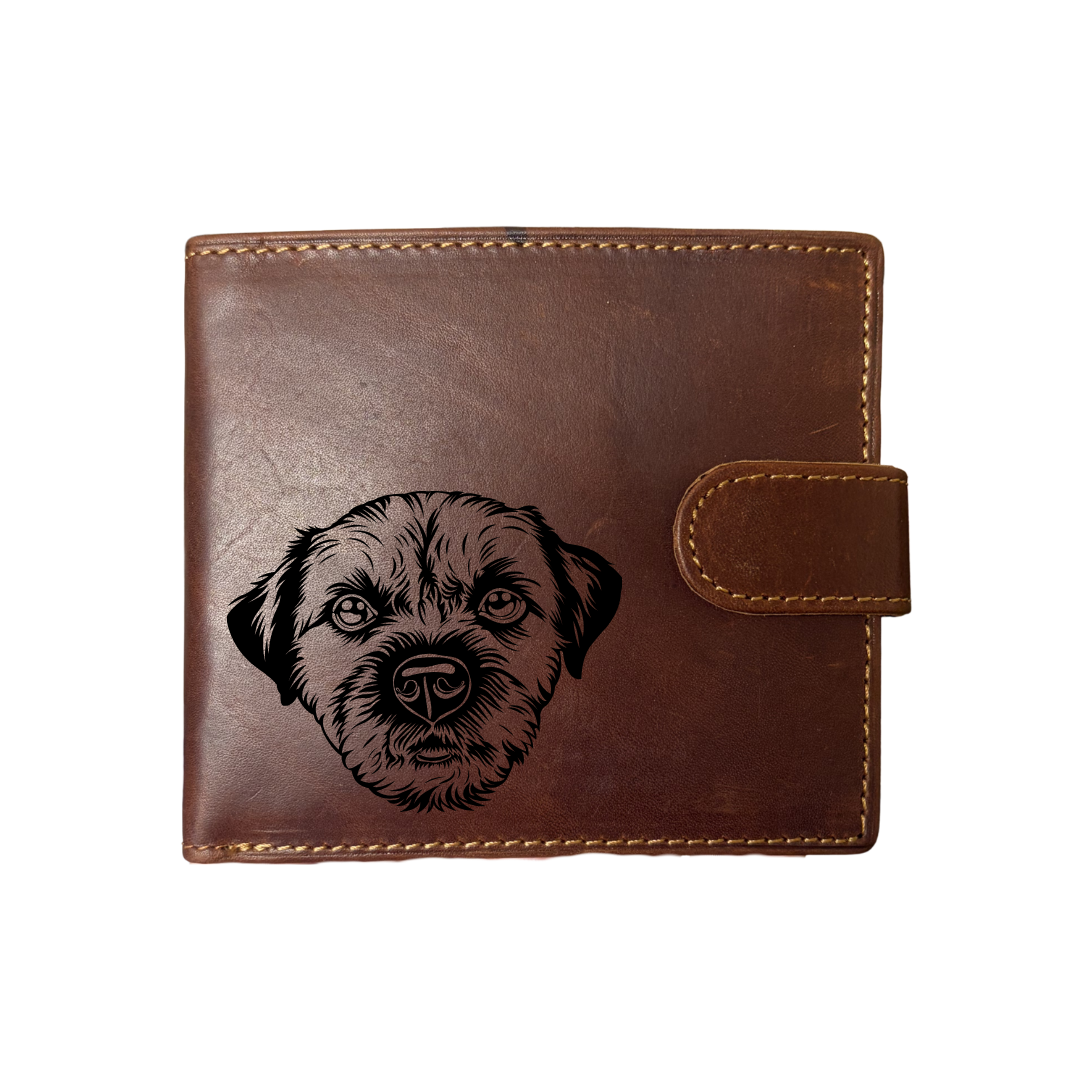 Personalised Border Terrier C Face Engraved Dark Tan Genuine Leather Wallet