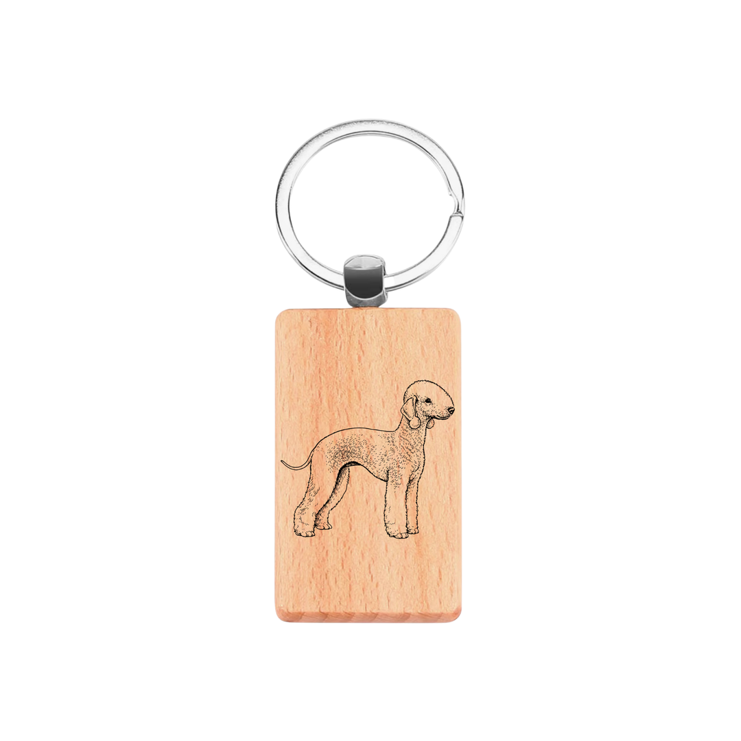 Bedlington Terrier Standing Engraved Rectangle Wooden Keyring