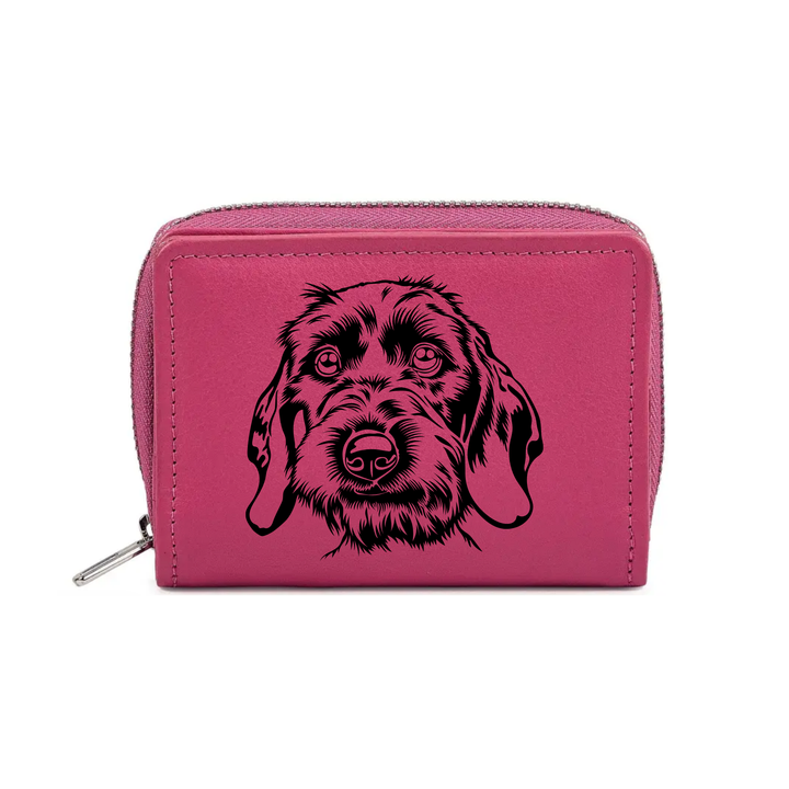 Wirehair Dachshund Face Engraved Small Leather Purse (Green/Pink/Blue/Red)