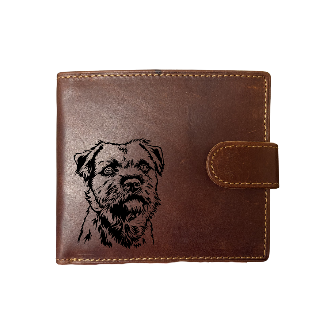 Personalised Border Terrier Face Engraved Dark Tan Genuine Leather Wallet