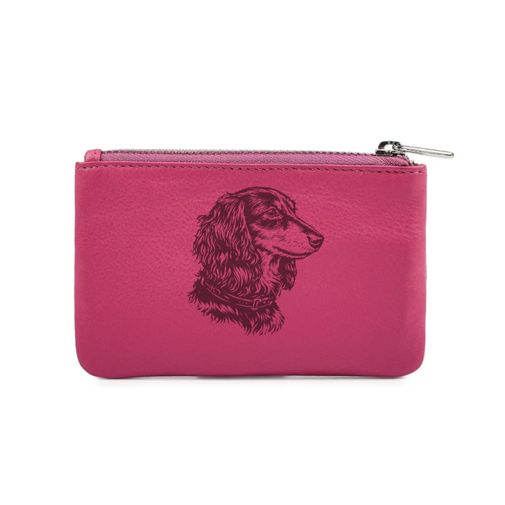 Longhair Dachshund Face Engraved Genuine Leather Coin Purse (Multiple Colour Options)