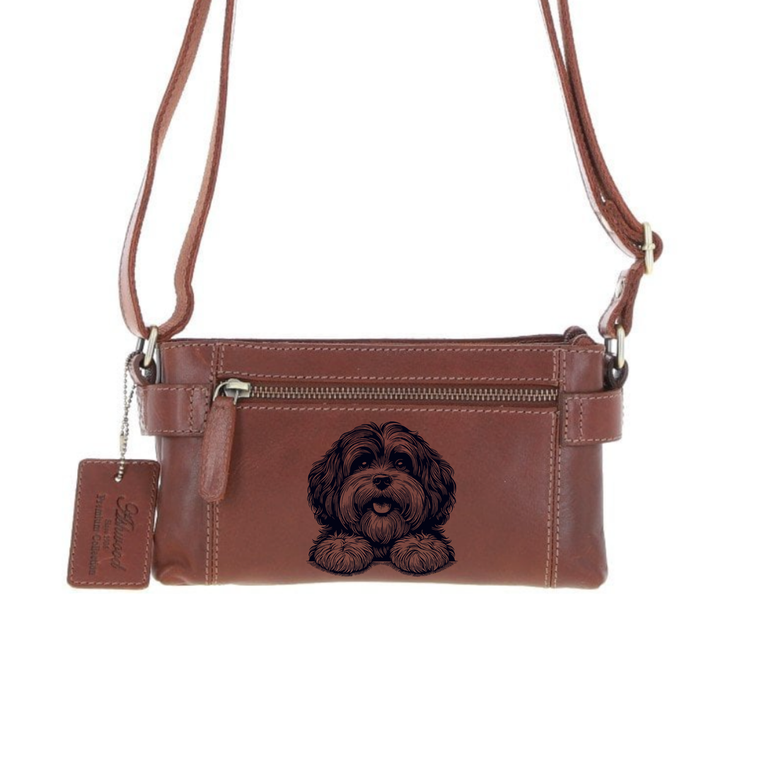 Personalised Havanese Paws Engraved Small Leather Two Section Zip Top Crossbody Bag
