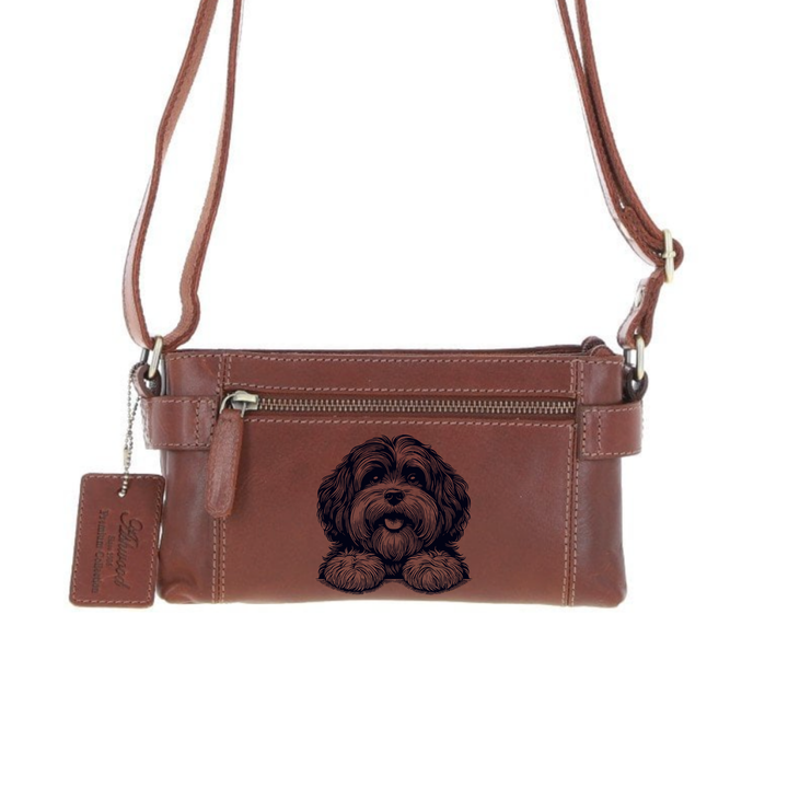 Personalised Havanese Paws Engraved Small Leather Two Section Zip Top Crossbody Bag