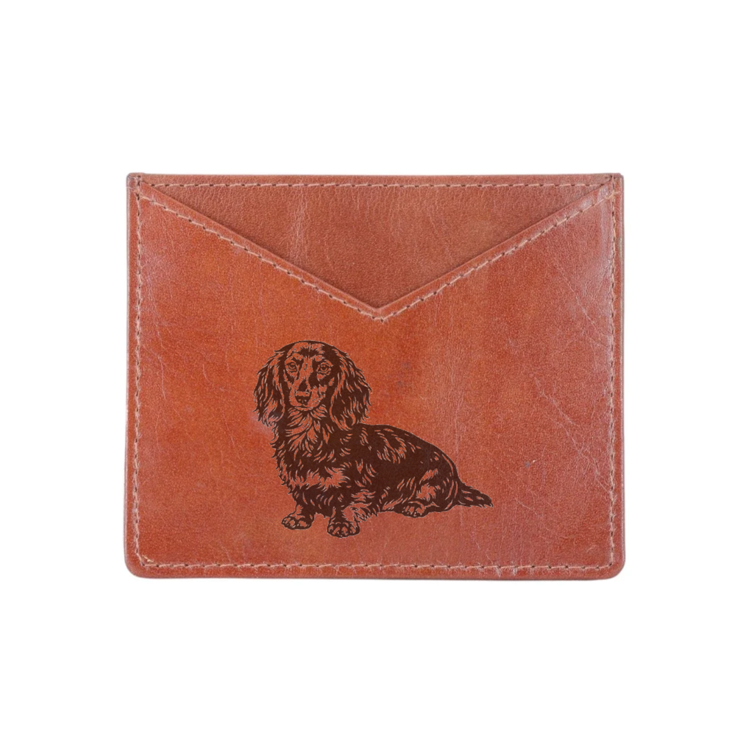 Longhair Dachshund Sitting Engraved Genuine Leather Cardholder