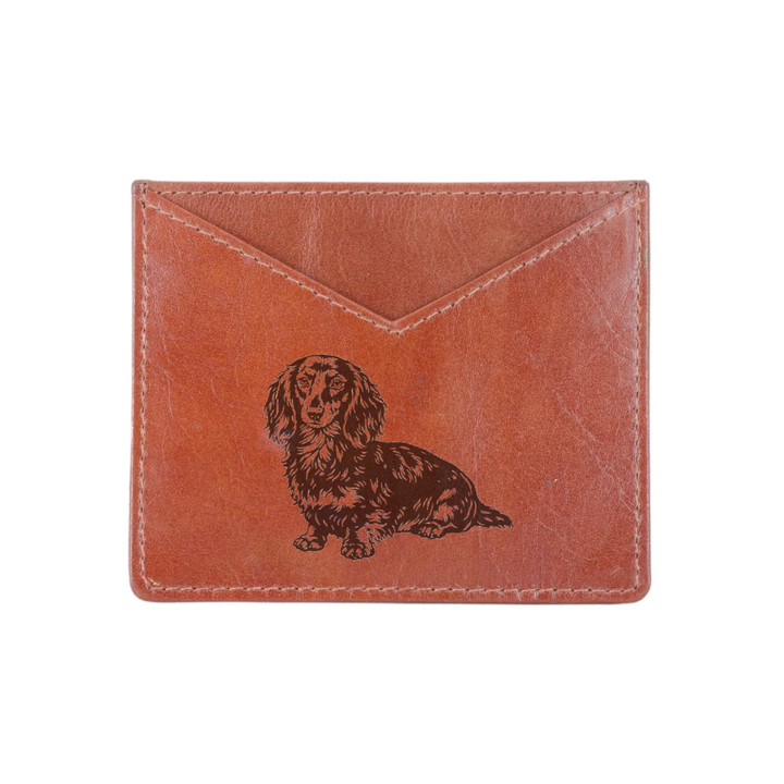 Longhair Dachshund Sitting Engraved Genuine Leather Cardholder