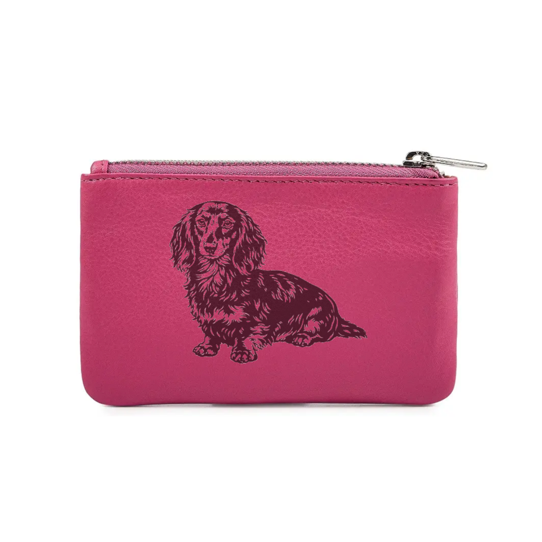 Longhair Dachshund Sitting Engraved Genuine Leather Coin Purse (Multiple Colour Options)