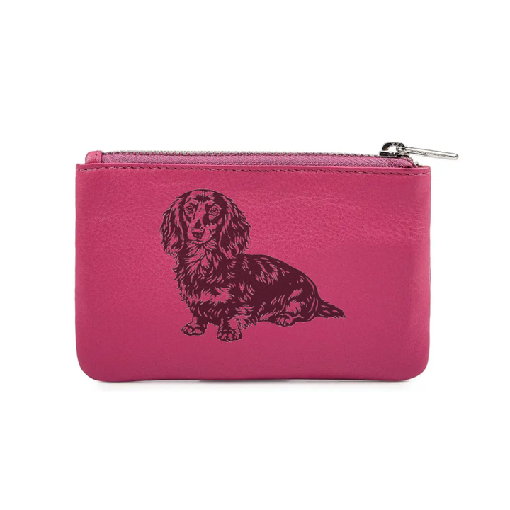 Longhair Dachshund Sitting Engraved Genuine Leather Coin Purse (Multiple Colour Options)