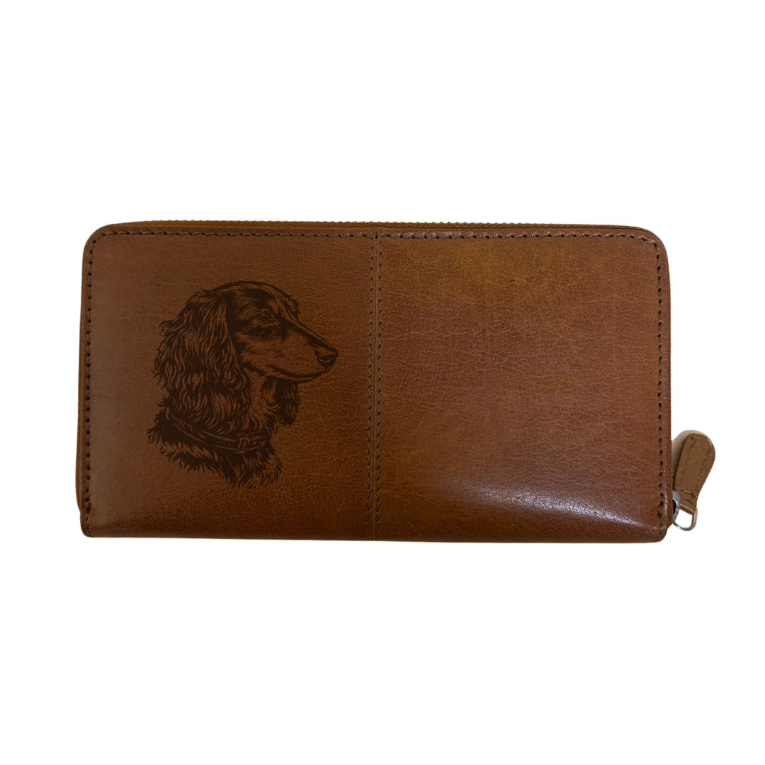 Longhair Dachshund Face Engraved Large Leather Purse