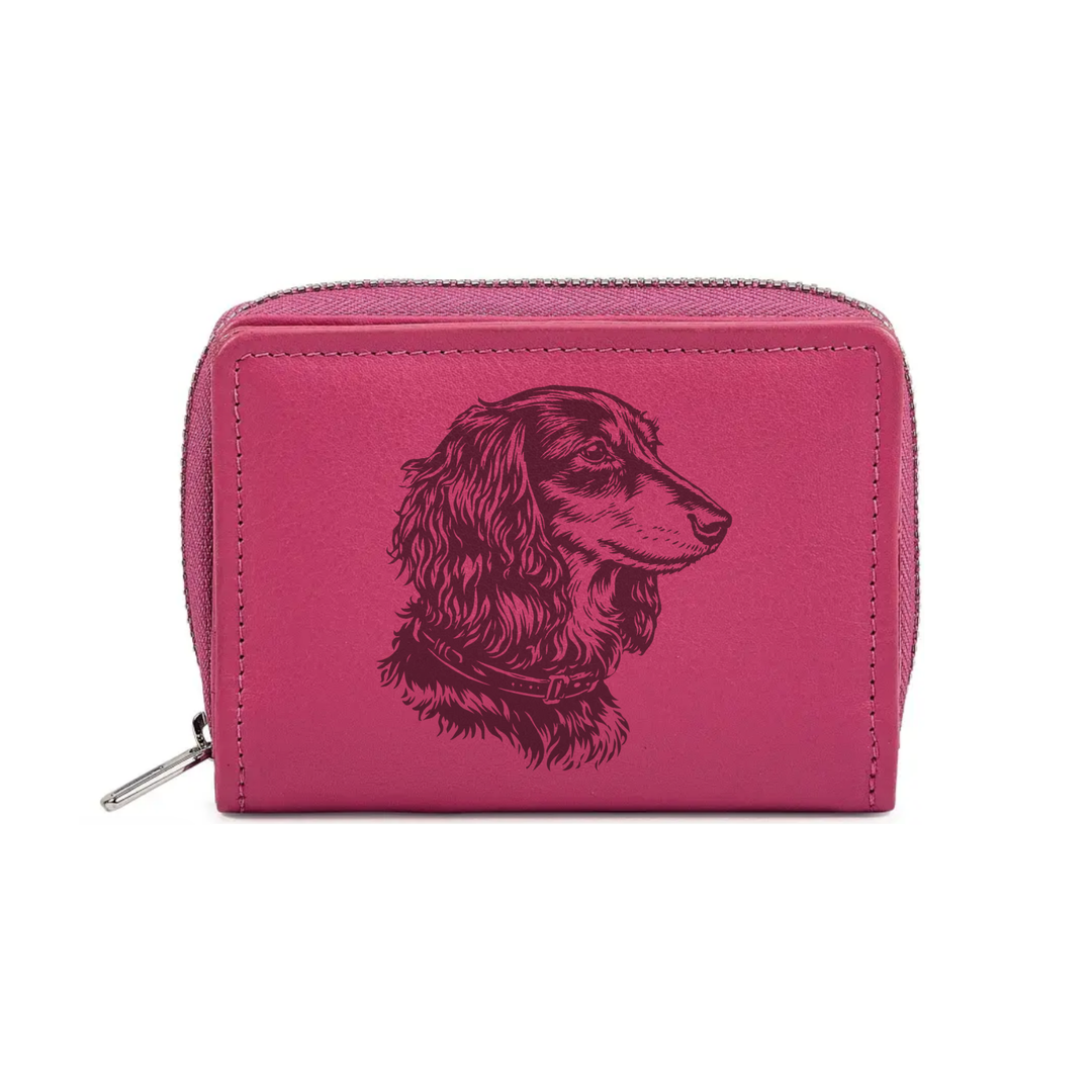 Longhair Dachshund Face Engraved Small Leather Purse (Green/Pink/Blue/Red)
