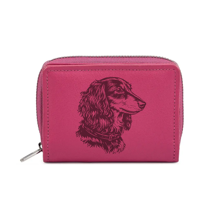 Longhair Dachshund Face Engraved Small Leather Purse (Green/Pink/Blue/Red)