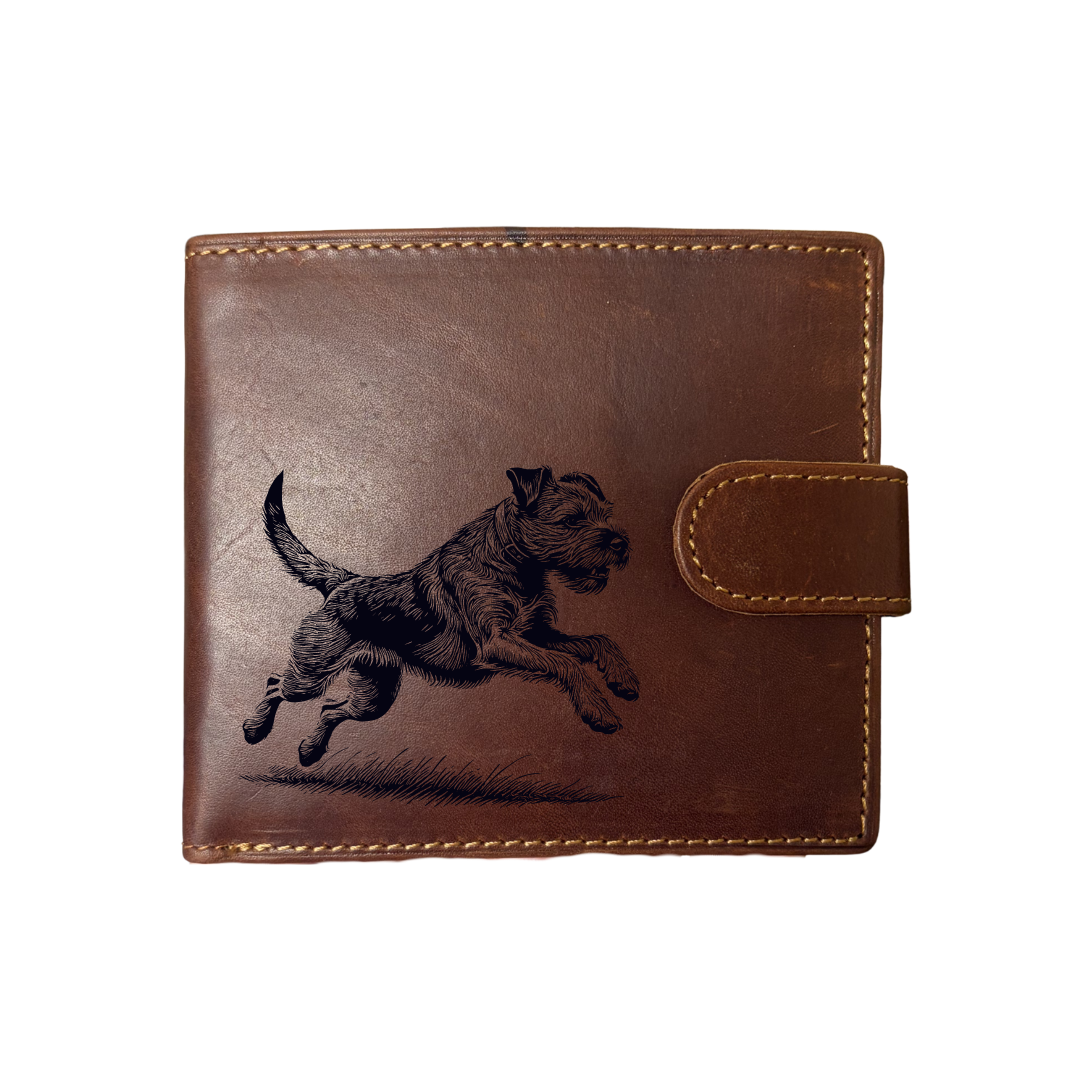 Personalised Border Terrier Running Engraved Dark Tan Genuine Leather Wallet