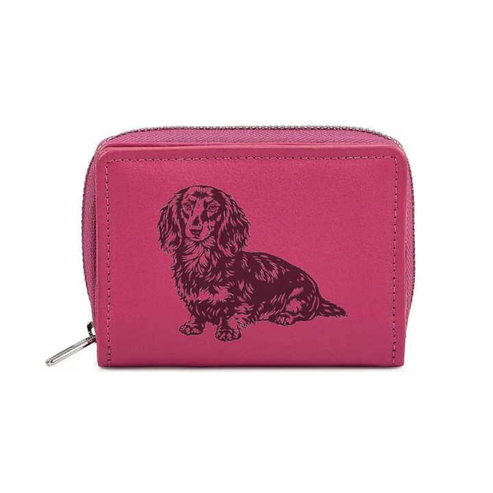 Longhair Dachshund Sitting Engraved Small Leather Purse (Green/Pink/Blue/Red)