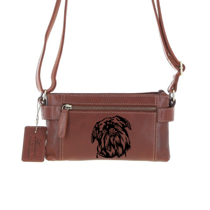 Personalised Griffon Bruxellois Engraved Small Leather Two Section Zip Top Crossbody Bag